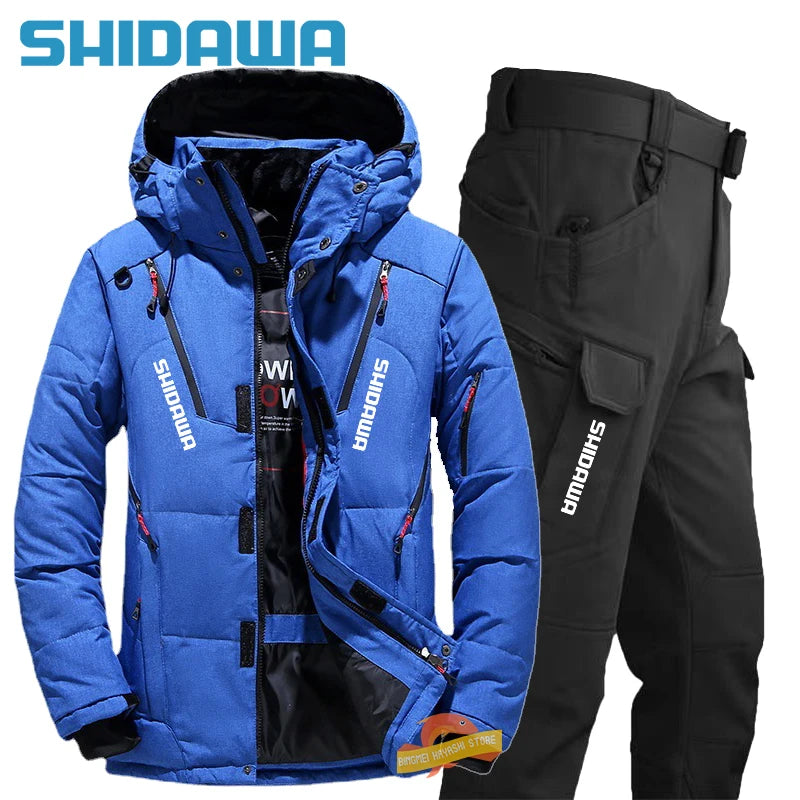 Men's Winter Fishing Suit, Goose Down Jacket+Tactical Pants Fishing Set, Warm Snow Skiing, Mountain Climbing, Hunting Sportswear