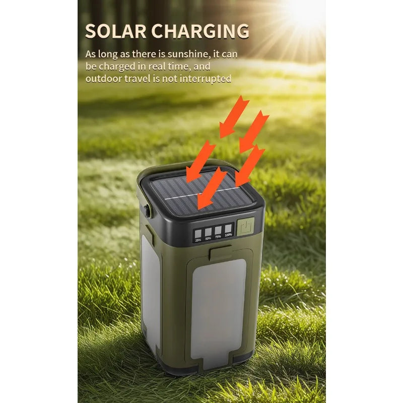 Solar powered outdoor portable camping light, solar rechargeable foldable lighting, large capacity multifunctional tent light