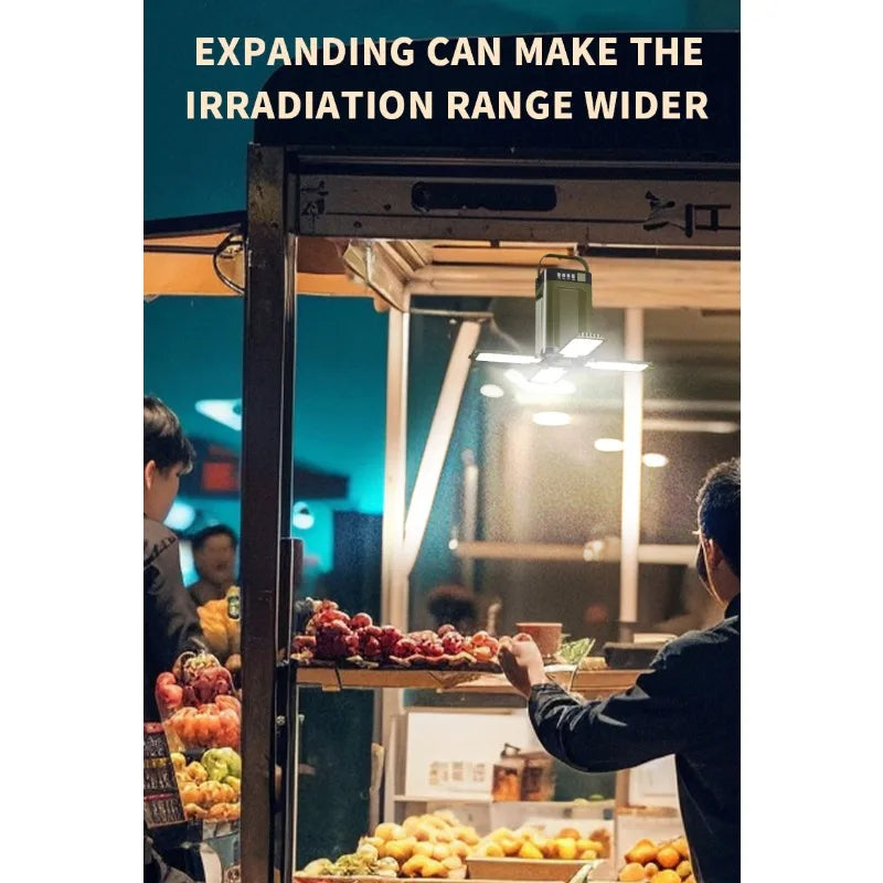 Solar powered outdoor portable camping light, solar rechargeable foldable lighting, large capacity multifunctional tent light