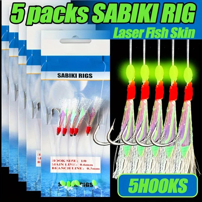 TAKBAS 1/3/5Packs Sabiki Rigs Saltwater, Fish Skin Mackerel Feathers Rigs, Sea Fishing Rigs with Luminous Beads Flasher Rig