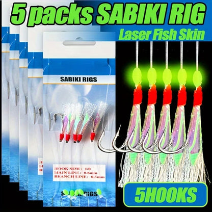 TAKBAS 1/3/5Packs Sabiki Rigs Saltwater, Fish Skin Mackerel Feathers Rigs, Sea Fishing Rigs with Luminous Beads Flasher Rig