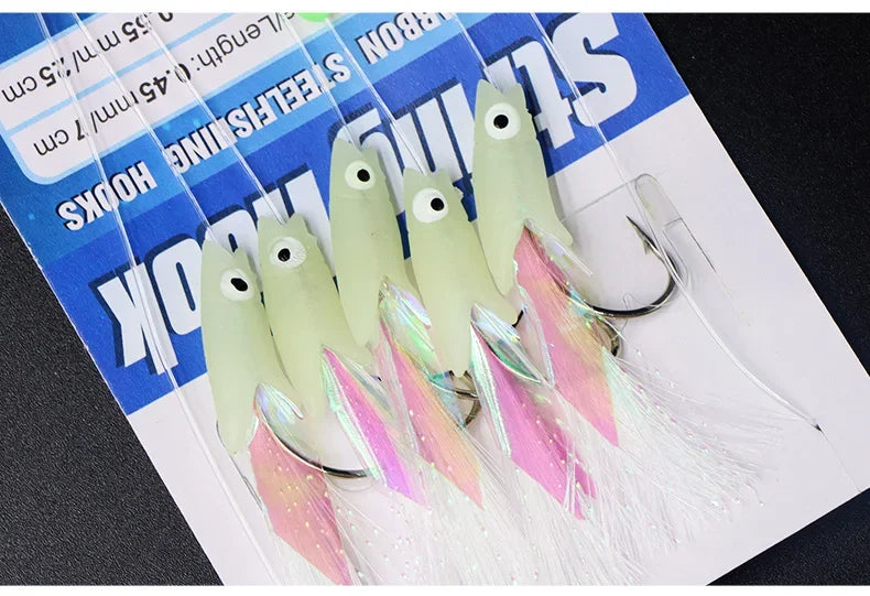 5 Hooks Sabiki Rigs Saltwater Fishing Lures Bait Rigs Real Fish Skin String Hook Mackerel Glow in The Dark Flash Sabiki Rigs