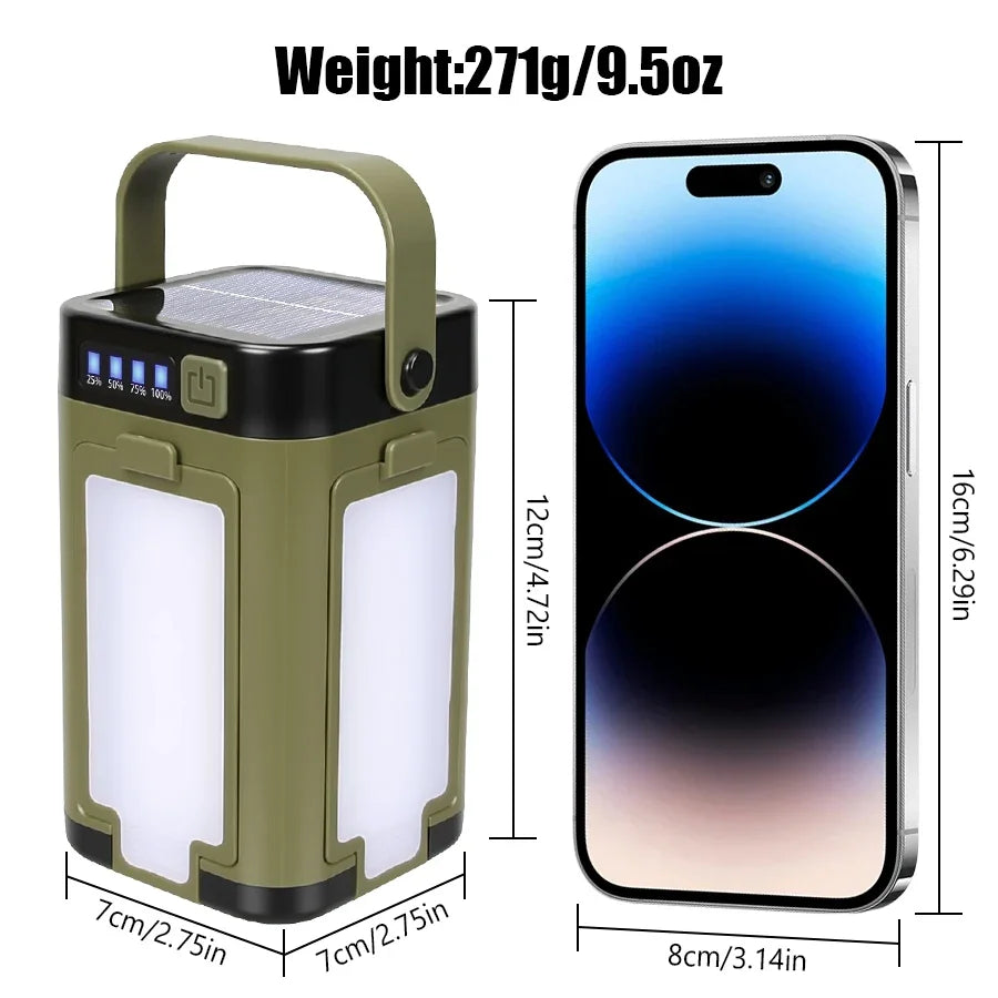 Solar Camping Light，USB/Solar Recharge Portable Lamp with 2000mAh Battery 6 Lighting Modes Outdoor Portable Hanging Tent Light