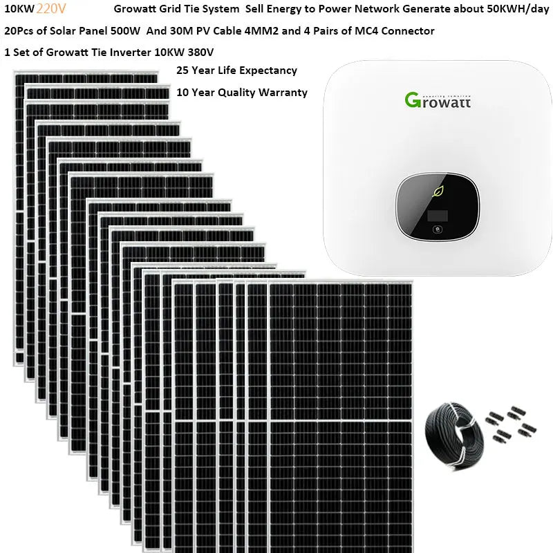 Solar Panel Kit Complete For Home 10000 w 5000w 380V 3 Phrase220v On Grid System Growatt Grid Tie Inverter  2 MPPT PV Panel 500W