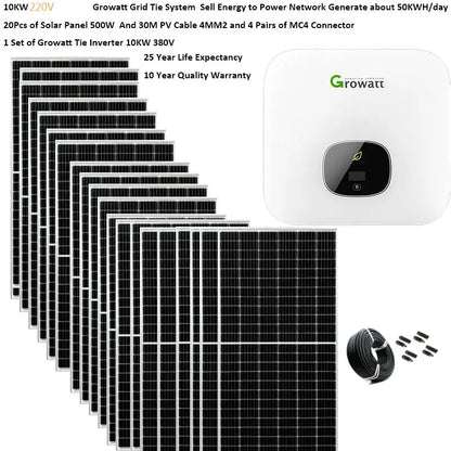 Solar Panel Kit Complete For Home 10000 w 5000w 380V 3 Phrase220v On Grid System Growatt Grid Tie Inverter  2 MPPT PV Panel 500W