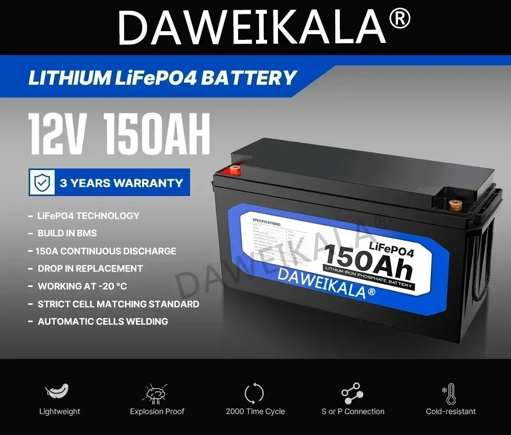 12V battery 20Ah 50Ah 100Ah 150Ah 200Ah LiFePo4 Battery Pack Lithium Iron Phosphate Batteries Built-in BMS For Solar Boat No Tax