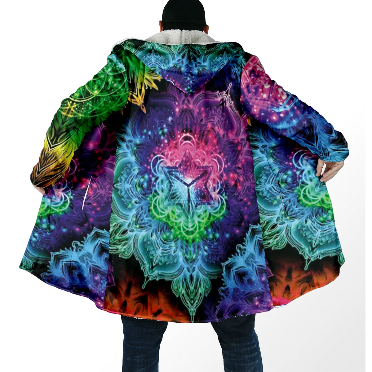 Winter Fashion Men's cloak Hippie Psychedelic Colorful Trippy 3D Printed Thick Fleece Hooded Cloak Unisex Warm Cape Coat DP103