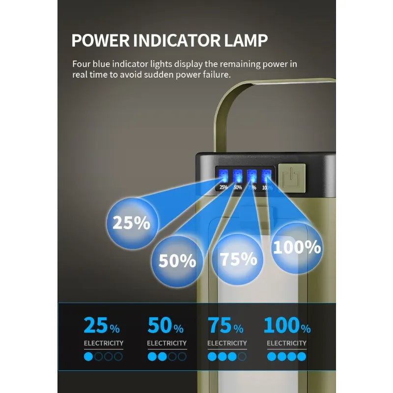 Solar powered outdoor portable camping light, solar rechargeable foldable lighting, large capacity multifunctional tent light