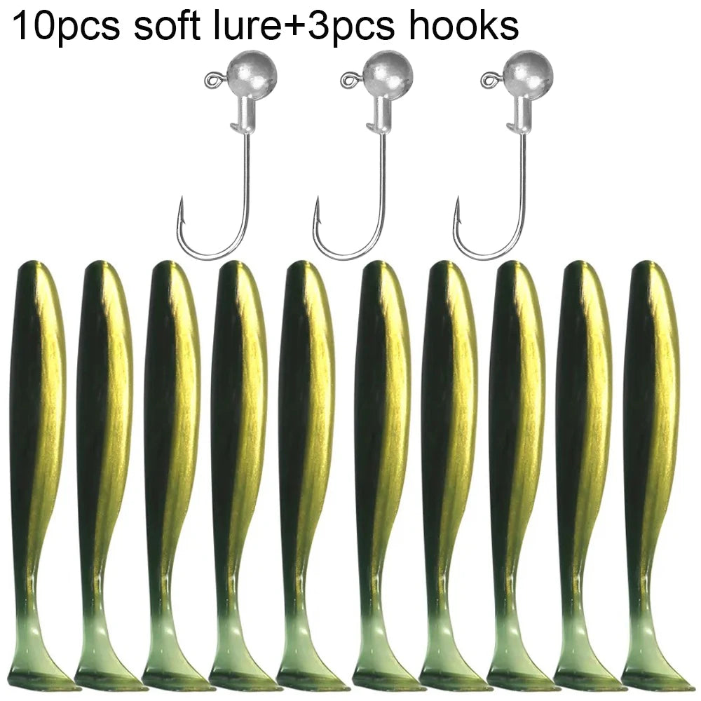 10PCS Soft Lure 5.5cm 7cm 10cm T Tail Worm 3PCS Jigging Head Hook 3g 5g 10g Metal Jig Carp Fishing Pesca Swimbait Gear Kit Bait