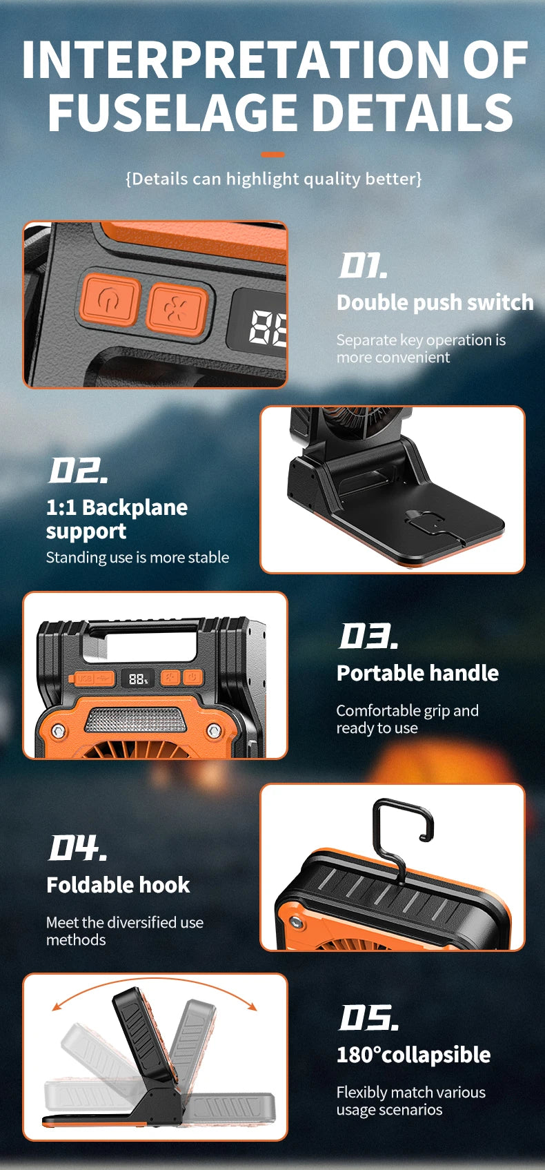 Solar Powered Camping Light with Fan Folding Portable Desk Lamp  Rechargeable Battery for Outdoor Hiking Fishing Camping