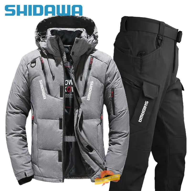 Men's Winter Fishing Suit, Goose Down Jacket+Tactical Pants Fishing Set, Warm Snow Skiing, Mountain Climbing, Hunting Sportswear
