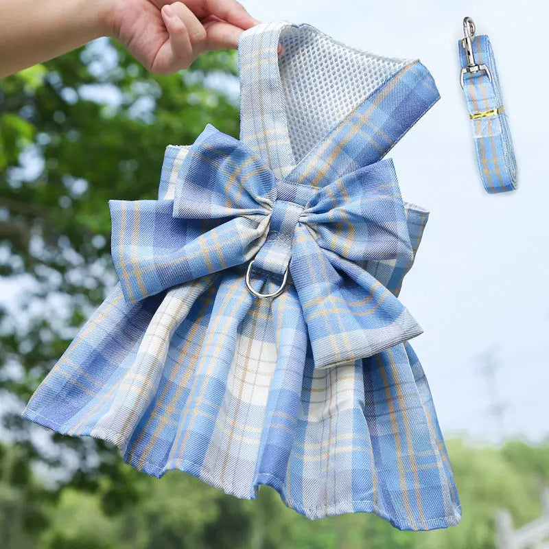 Pet dog  cat jk plaid skirt vest leash teddy than bear out clothes chest strap walking supplies
