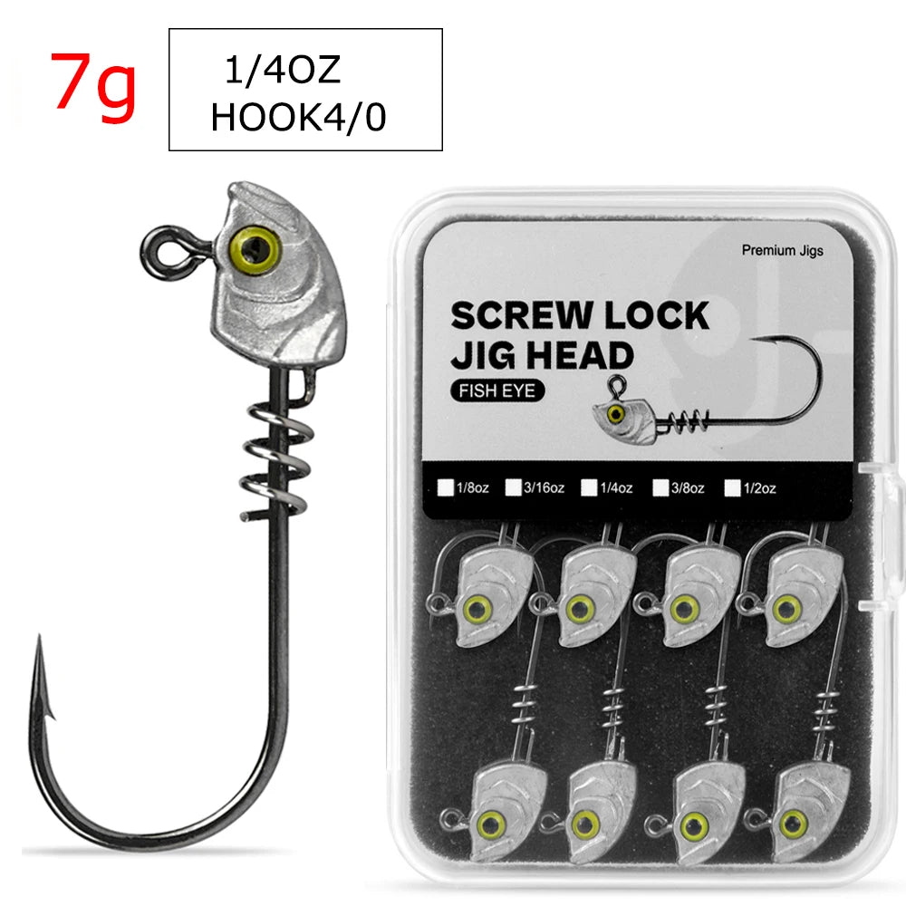 MrLurion 15pcs/Box 3.5g 5g 7g 10g 14g Screw lock jigging head fishing lure baits ,soft worm lure fishhook wobblers with 3D eyes