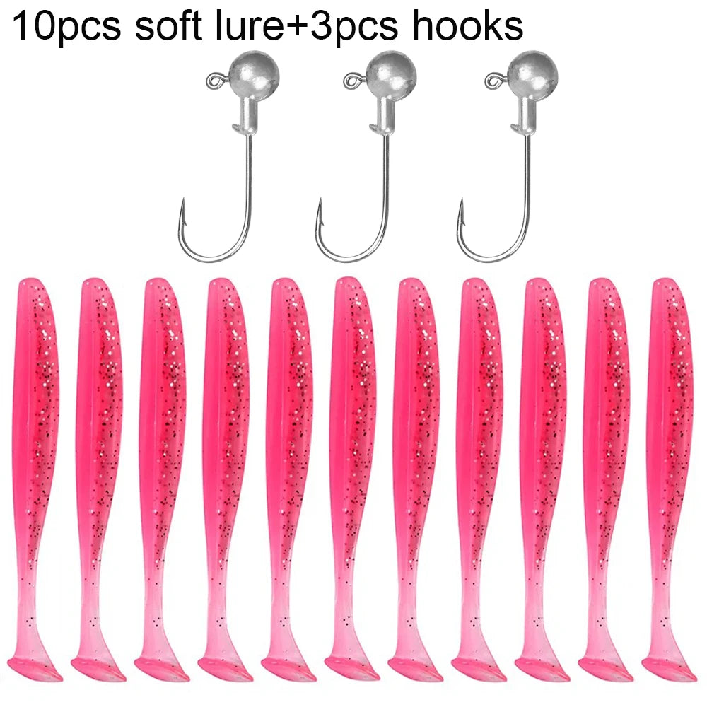 10PCS Soft Lure 5.5cm 7cm 10cm T Tail Worm 3PCS Jigging Head Hook 3g 5g 10g Metal Jig Carp Fishing Pesca Swimbait Gear Kit Bait