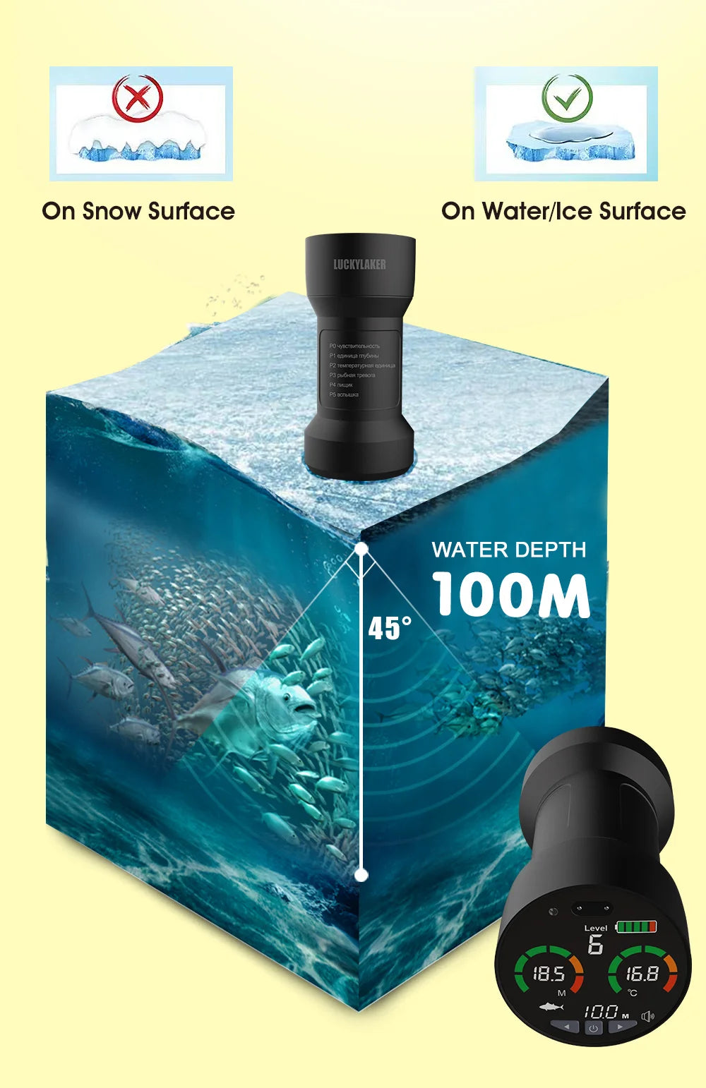 LUCKY FF202 Ice Fishing Finder Ice surface detection 328ft/100m Depth fishing tool Russia Manua and menu