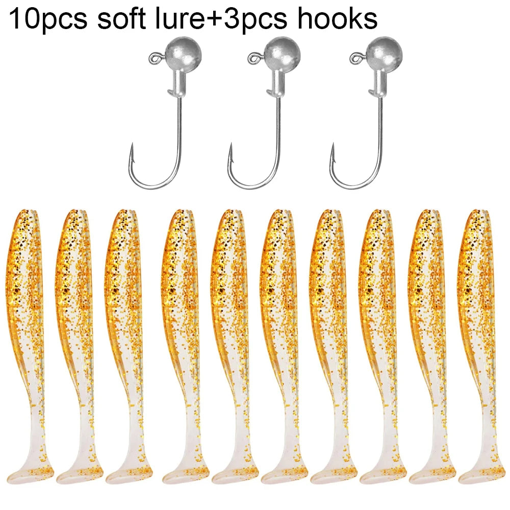 10PCS Soft Lure 5.5cm 7cm 10cm T Tail Worm 3PCS Jigging Head Hook 3g 5g 10g Metal Jig Carp Fishing Pesca Swimbait Gear Kit Bait