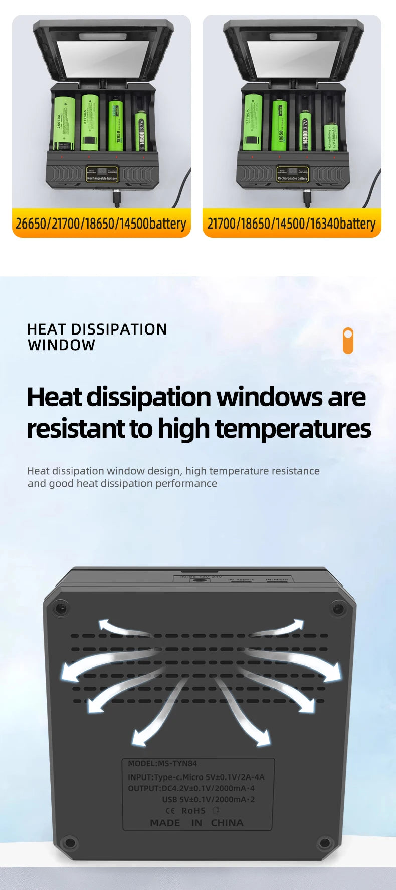 Solar Power Generation Solar Lithium Battery Smart Charger Type-C USB Four-Slot for 3.7V 18650/26650/21700/14500 Batteries