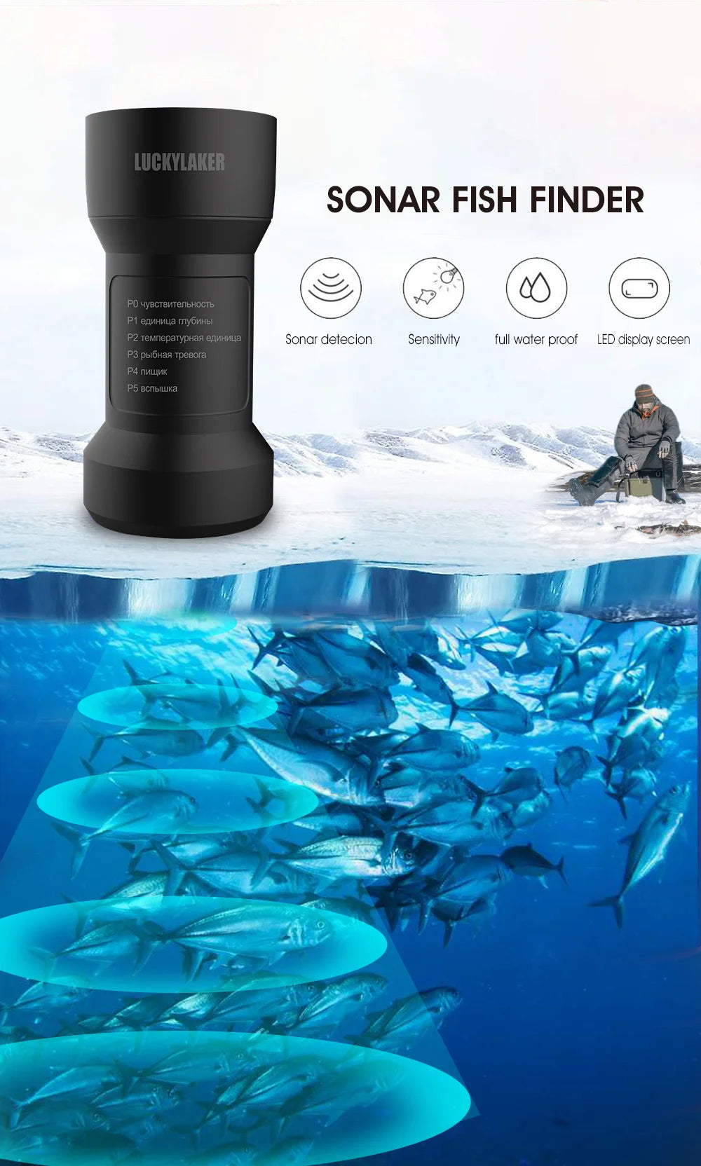 LUCKY FF202 Ice Fishing Finder Ice surface detection 328ft/100m Depth fishing tool Russia Manua and menu