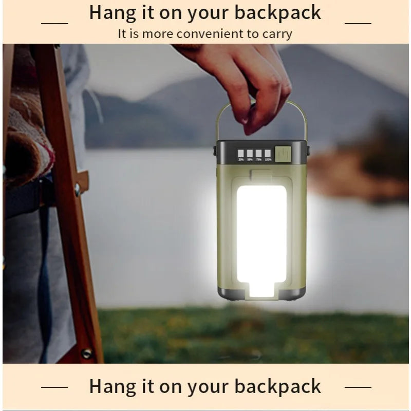 Solar powered outdoor portable camping light, solar rechargeable foldable lighting, large capacity multifunctional tent light